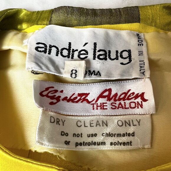 Andre’ Laug Silk Top Green Yellow Checkered Bow Vintage Women’s Sz 8 - Picture 8 of 11